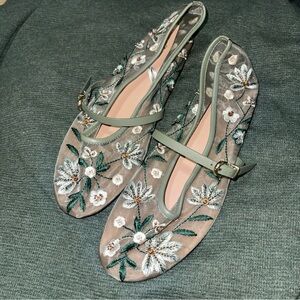 Zara Green Floral Embroidered  ballet new Flats